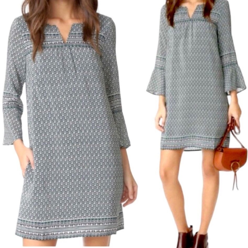 Madewell 100% Silk Starland Dress Boho Print Bell Sleeve Bandana Green Sz Medium